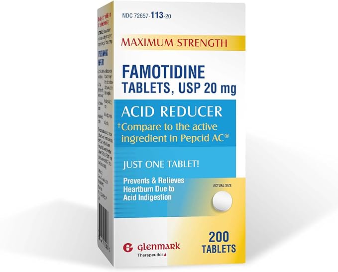 Glenmark Maximum Strength Famotidine Tablets, 20 mg, Acid Reducer for Heartburn Relief, 200 Count