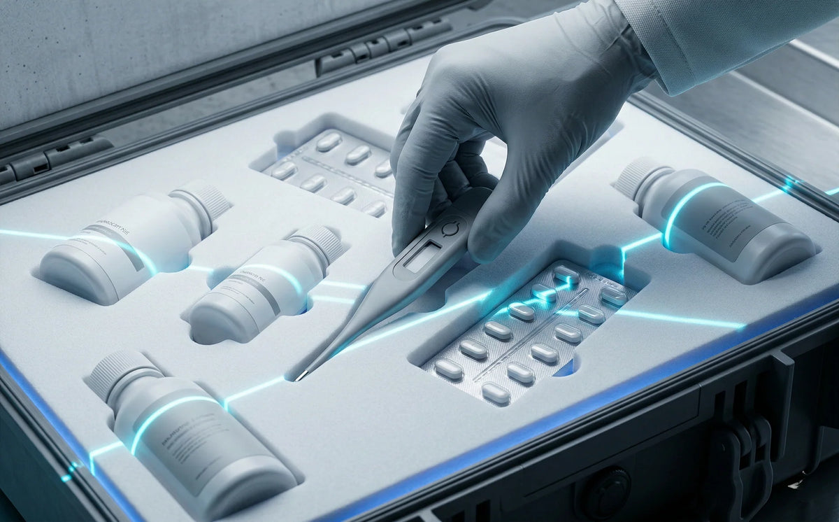 Cinematic clinical interface with medicine packaging and digital diagnostic light